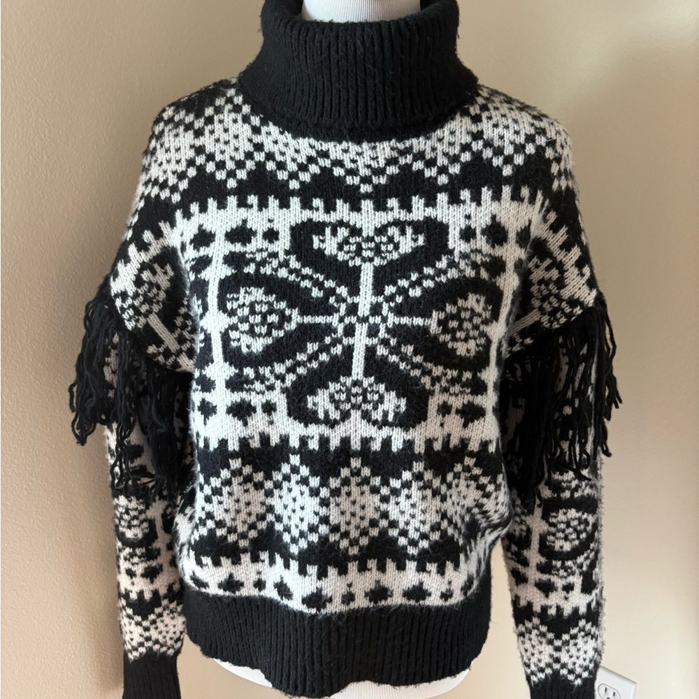 Elie. by Elie Tahari Black & White Fair Isle Turtleneck Sweater with Fringe
